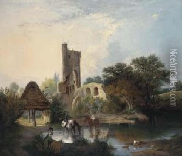 Horses Watering Before A Castle Ruin Oil Painting - Alfred Stannard