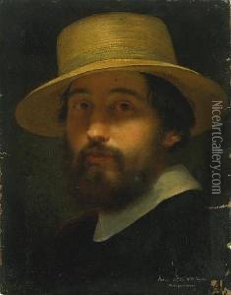 Portrait Of A Man In A Straw Hat Oil Painting - Domenico Tojetti