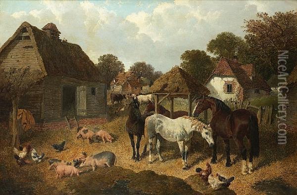A Farmyard Scene With Horses, Pigs, Cattle And Poultry Oil Painting - John Frederick Herring Snr