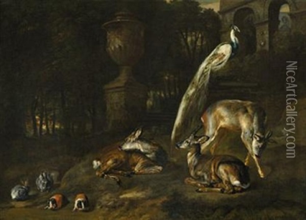 Ornamental Garden With Peacock, Deer, Rabbits And Guinea Pigs Oil Painting - David de Coninck
