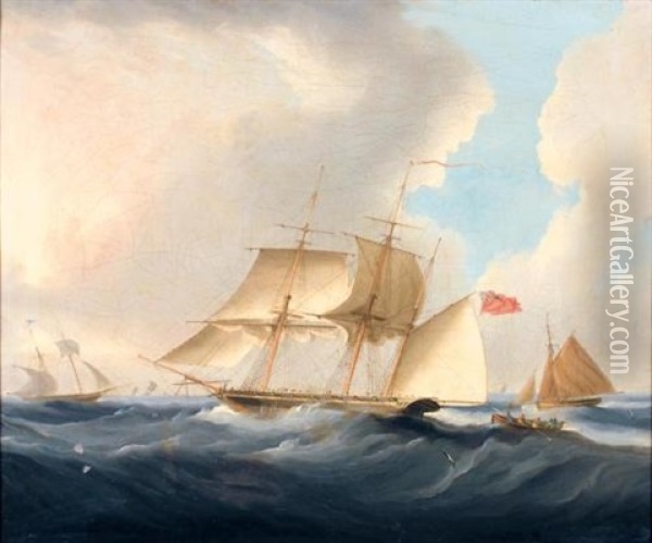 An Armed Sloop Hove To Awaiting A Pilot Boat, In A Stiff Breeze Oil Painting - Thomas Buttersworth