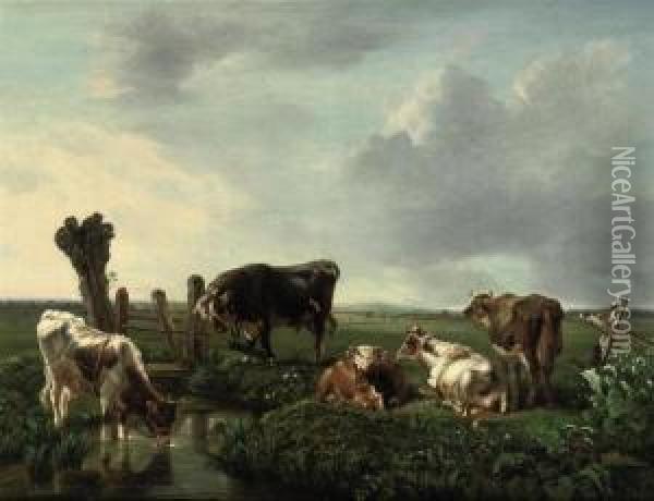 Cows Resting Near A Stream Oil Painting - Anthony Jacobus Offermans