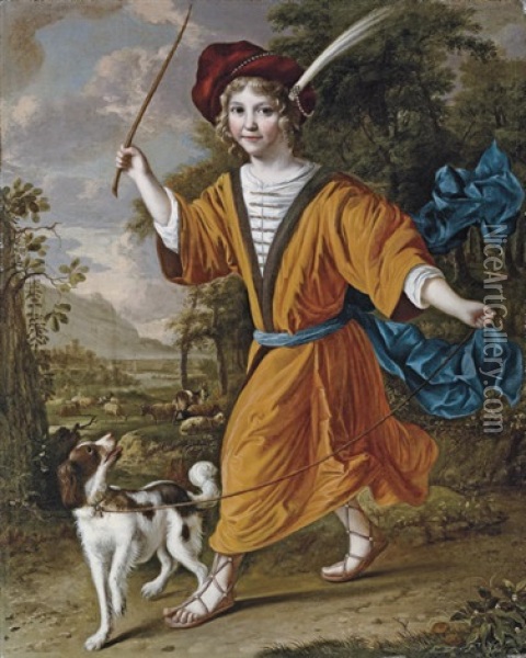 Portrait Of A Boy In Costume, With A Dog In A Landscape Oil Painting - Christoffel Pierson