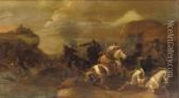 A Cavalry Skirmish In A Rocky Landscape Oil Painting - Simon Johannes van Douw