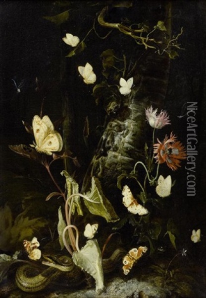 Waldstilleben Mit Schmetterlingen, Schlange, Frosch Und Libelle Oil Painting - Otto Marseus van Schrieck