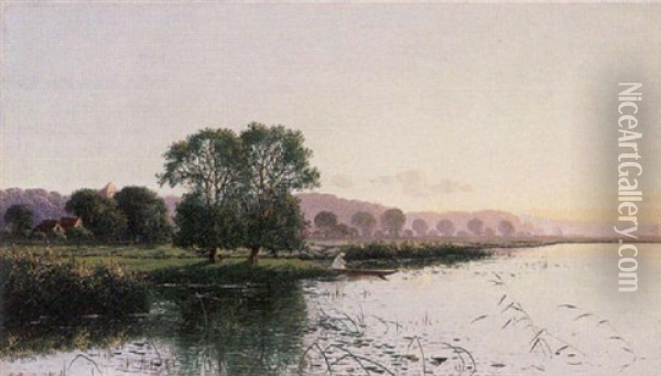 River Scene At Sunset Oil Painting - Edwin Henry Boddington