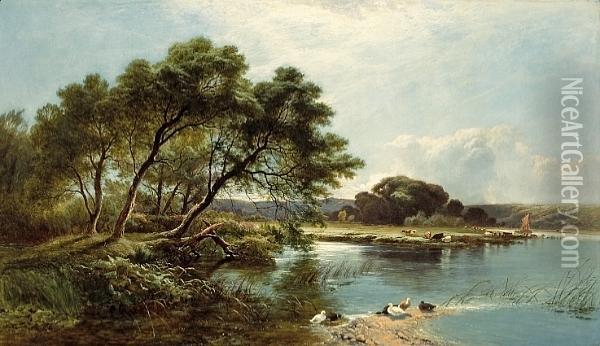 An Extensive River Landscape With Ducks On The Bank In The Foreground Oil Painting - Henry John Boddington