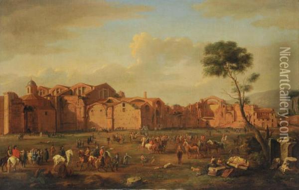 Veduta Delle Terme Di Diocleziano Con Fiera Di Cavalli Oil Painting - Hendrik Frans Van Lint
