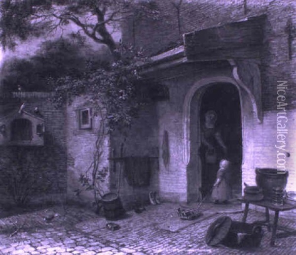 Mother And Child In A Courtyard Oil Painting - Casparus Johannes Morel