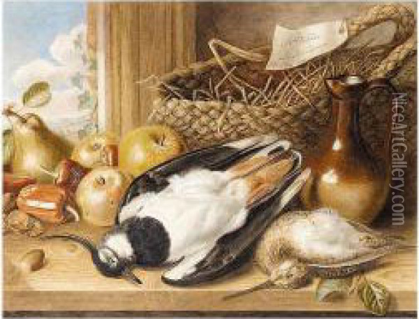 Still-life With A Dead Jay, Woodcock, Fruit And Vegetables And A Jug Oil Painting - Augusta Innes Withers