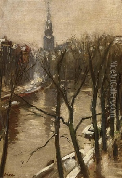 A View Of Amsterdam In Winter Oil Painting - Solomon Garf
