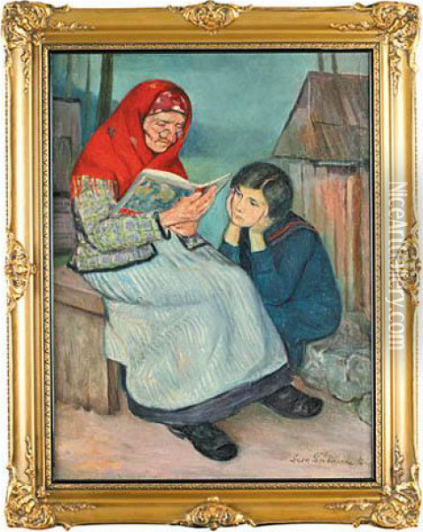 Babcia Czytajaca Wnuczce, 1927 R. Oil Painting - Leon Lewkowicz