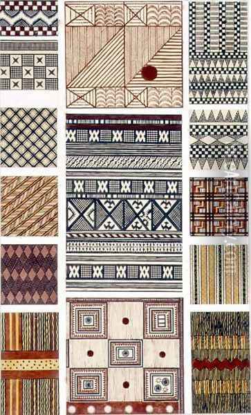 Melanesian and Polynesian bark fabric designs original illustration for The Grammar of Ornament Oil Painting - Owen Jones