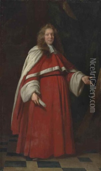 Portrait Of Sir Richard Heath (c. 1635-1702), Full-length, In His Robes As Baron Of The Exchequer, Holding A Rolled Document In His Right Hand Oil Painting - John Riley