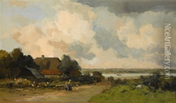 A Summer Landscape With Figures Near A Farm Oil Painting - Willem George Frederik Jansen