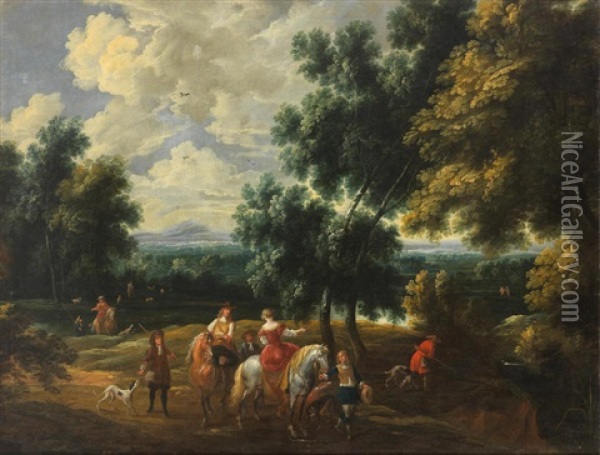 A Hunting Party Before An Extensive Landscape Oil Painting - Alexandre Casteels