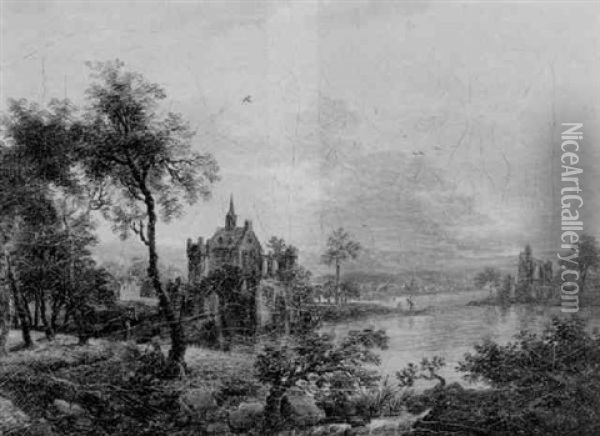 An Evening Landscape With Travellers Resting On A Path, A Castle Beside A River Beyond Oil Painting - Christian Georg Schuetz the Younger