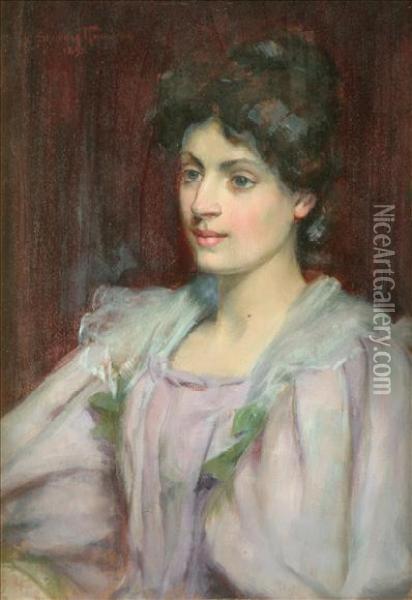 Portraitstudy Of A Young Woman Head And Shoulders, Wearing A Lilac Dress Oil Painting - Georges Sheridan Knowles