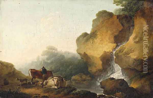 A rocky Landscape with Herdsmen resting before a Waterfall Oil Painting - Philip Jacques de Loutherbourg
