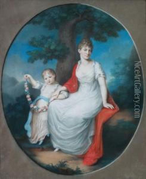 Portrait Einer Dame Mit Ihrer Tochter In Arkadischer Landschaft Oil Painting - Johann Lorenz Kreul