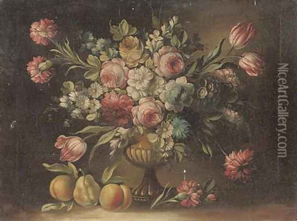Roses, tulips, morning glory and other flowers in a sculpted urn on a stone ledge with pears Oil Painting - Margherita Caffi