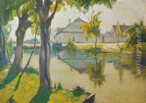 Summer Village Green With A Pond Oil Painting - Alois Kalvoda