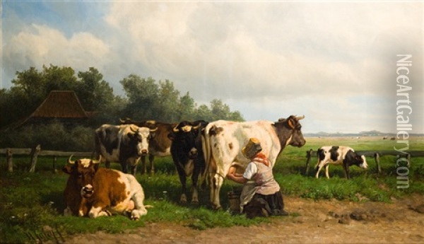 La Traite Des Vaches Dans La Prairie Oil Painting - Hendrik Savry