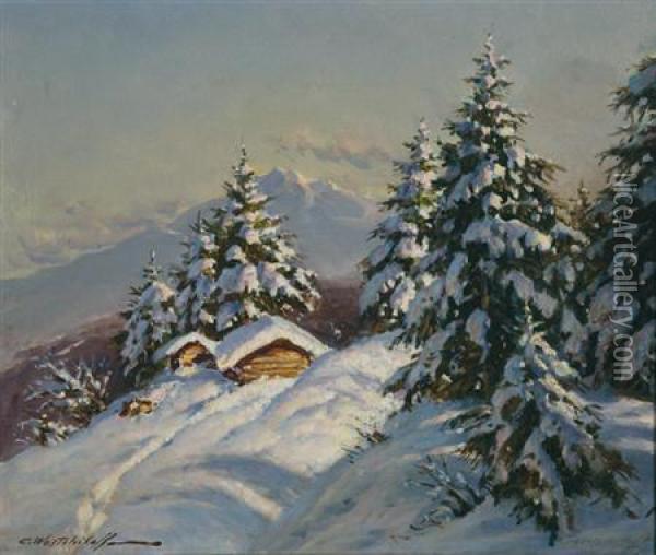 Snow Covered Mountain Cabin Oil Painting - Constantin Alexandr. Westchiloff