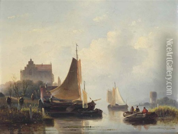 A Busy Day On The Riverbank Oil Painting - Cornelis Petrus T' Hoen