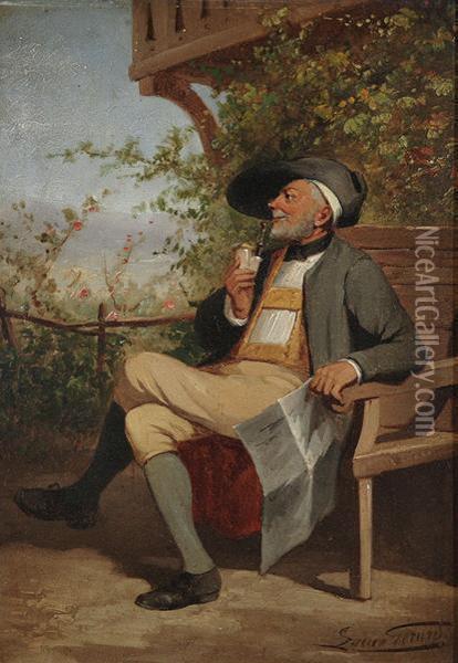 Pipe Smoker Seated On A Terrace Oil Painting - Lucien Gerard
