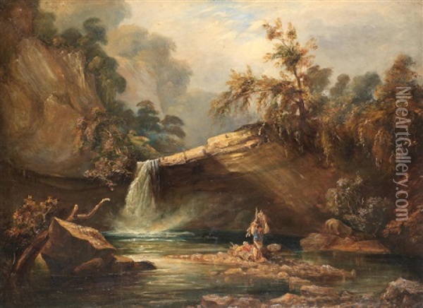 Figures Before Sgwd Gwladys Waterfall, On The River Pyrddin, Wales Oil Painting - Philip James de Loutherbourg