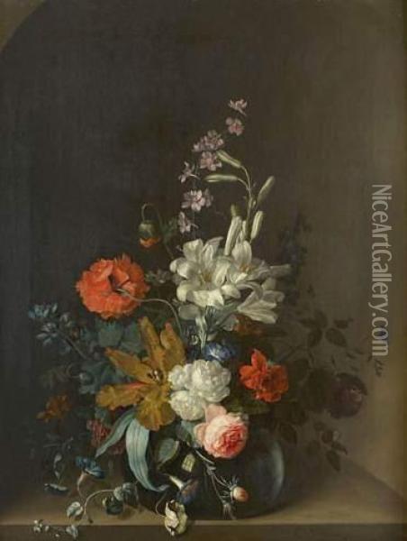 Vase De Roses, Lis Blanc, Pavot Et Tulipes Sur Un Entablement Oil Painting - Jan Van Huysum