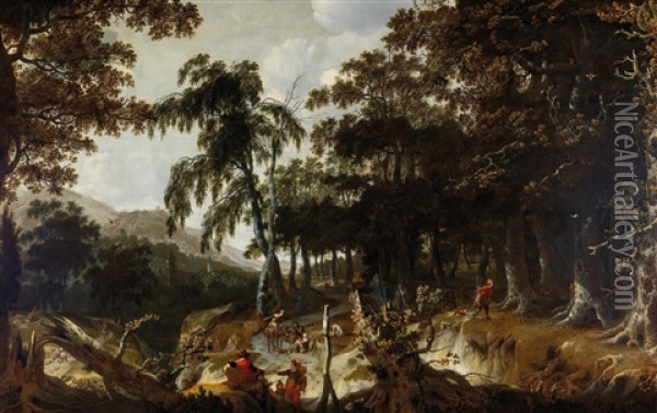 A Wooded Landscape With Travellers Oil Painting - Jan Looten