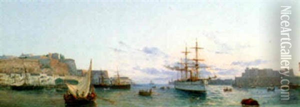 At The Entrance Of Valletta Harbor, Malta Oil Painting - Luigi Maria Galea