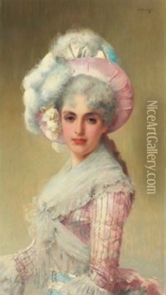 An Elegant Lady In A Pink Hat And Dress Oil Painting - Vittorio Matteo Corcos