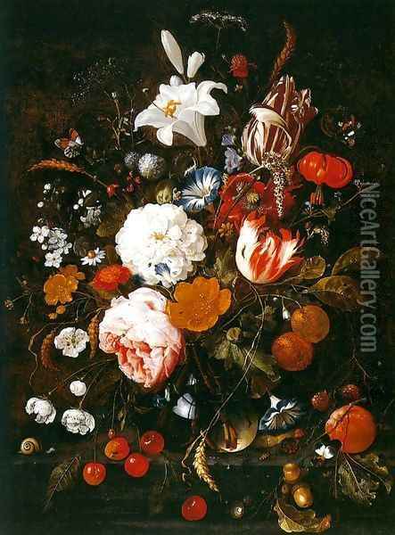 Still-Life with Flowers in a Glass Vase and Fruit Oil Painting - Jan Davidsz. De Heem