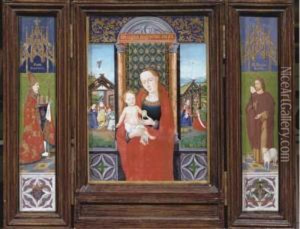 The Virgin And Child, Saint Donatianus And Saint John The Baptist Oil Painting - Jan Van Eyck