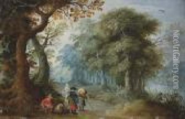 A Wooded Landscape With Travellers On A Track Oil Painting - Jasper van der Lamen