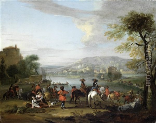 Horsemen Departing From A Riverside Village Oil Painting - Christian Reder