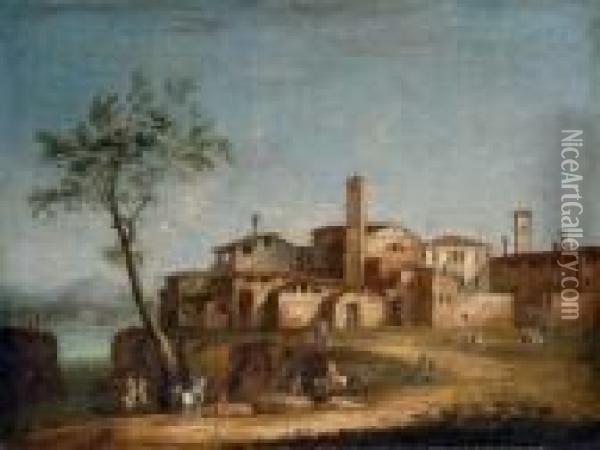 An Italianate Town With Elegant Figures Oil Painting - Apollonio Domenichini