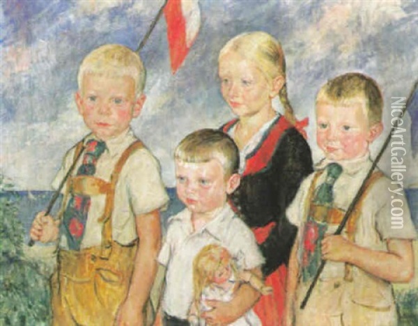 Kinder In Tracht Oil Painting - Heinrich Linde-Walther