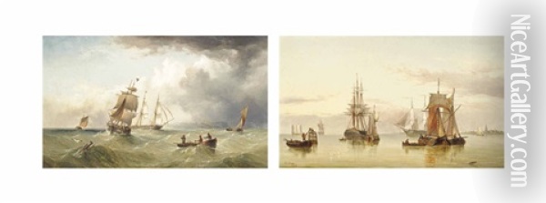 Merchant Shipping In The Channel Off Scarborough (+ A Calm Day On The Humber Estuary (both Illustrated); Pair) Oil Painting - Henry Redmore