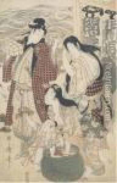 A Sheet From An Oban Triptych Oil Painting - Utamaro Ii Kitagawa