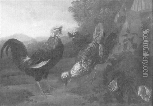 Landschaft Mit Hahn Und Zwei Huhnern Oil Painting - Melchior de Hondecoeter
