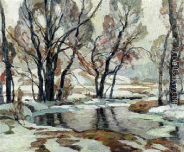 Stream In A Winter Landscape Oil Painting - John Fabian Carlson