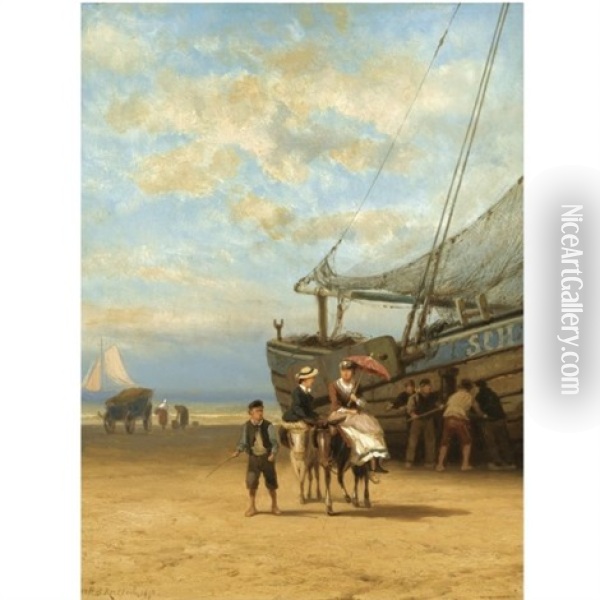Donkey Riding On The Beach, Scheveningen Oil Painting - Johannes Hermanus Barend Koekkoek