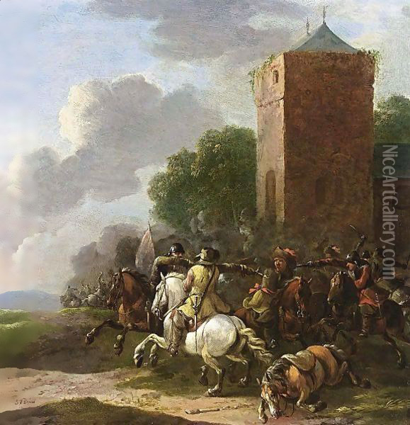 A Cavalry Battle Near A Tower Oil Painting - Simon Johannes van Douw