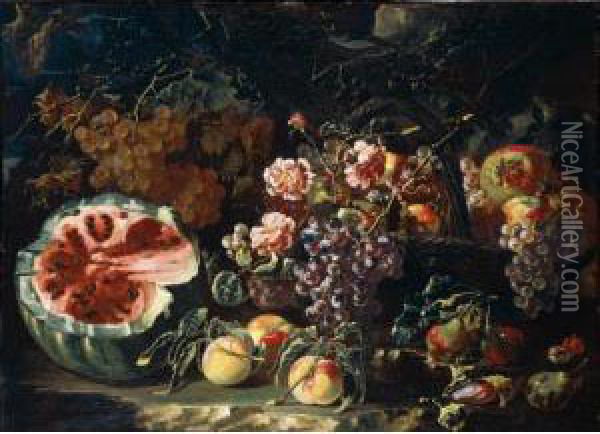 Still Life Of Watermelon, Plums,
 Peaches And Grapes, Together With A Basket Of Grapes And Pomegranates, 
All In A Landscape Oil Painting - Bartolomeo Castelli Spadino