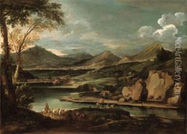 Paesaggio Fluviale Con Pescatori E Carovana Di Muli Olio Su Tela Oil Painting - Jacob De Heusch