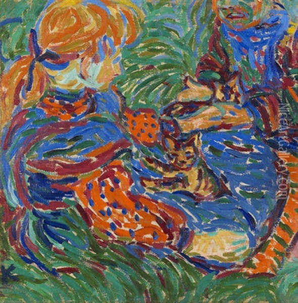 Zwei Mit Katzen Spielende Madchen (+ Frauen- Und Mannerkopf, 1924/26, Smllr, Verso) Oil Painting - Ernst Ludwig Kirchner